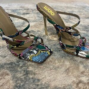 EGO Multicolor cross strap square toe mule snake print faux leather heels